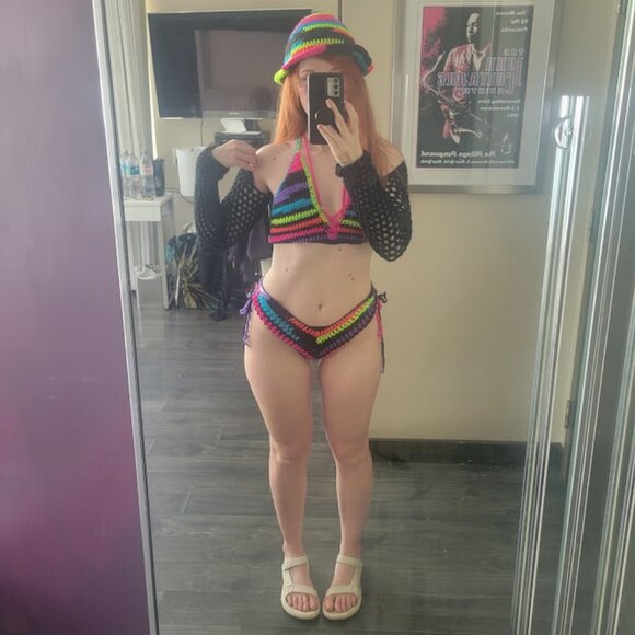 Electric Rainbow Crochet Bikini Set with matching Bucket Hat - Picture 2 of 2